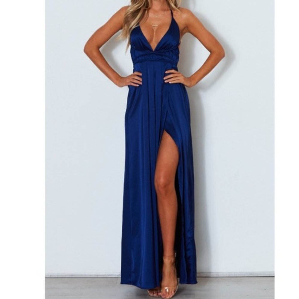 Navy Blue Silk Wrap Slit Maxi Dress